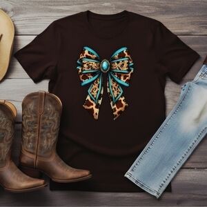 Cowhide Bow Western Tee Turquoise Cowgirl Graphic Shirt